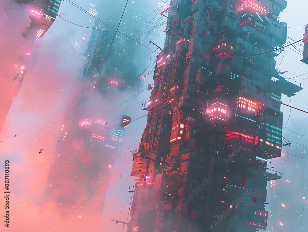 Poster illustrate a dystopian world from an unexpected camera angle using cg 3d techniques, focusing on tow