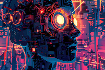 Cyberpunk style digital art with a robotic face illuminated by internal circuits