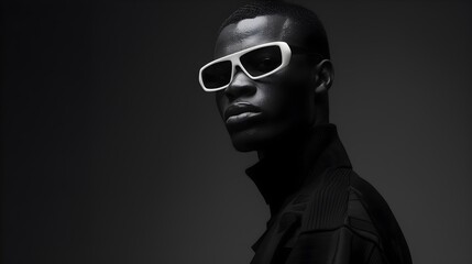 Fototapeta premium Silhouetted Man Wearing Futuristic High-Fashion Sunglasses in Minimalist Dark Setting