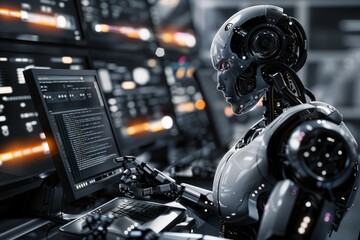 Fototapeta premium Robotic Efficiency: A Bot Engaged in Computer Work 