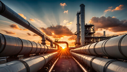 Oil refinery at sunset, large industrial pipeline with a sunset in the background and clouds in the sky above it, with a sun setting behind it