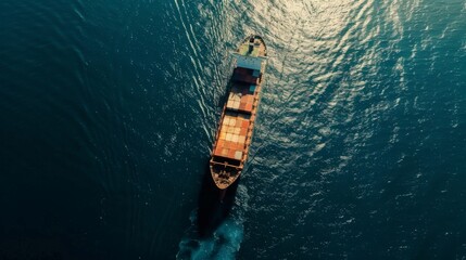 Aerial view of a cargo ship navigating through the open sea, carrying goods across continents, symbolizing global trade and commerce.