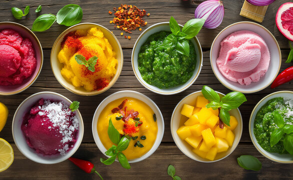 Series of small bowls, each containing a unique and exotic sorbet flavor, such as mango chili, basil lime, or dragon fruit.