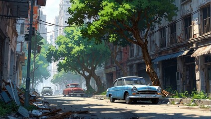 Fototapeta premium Illustration of a sunlit abandoned city street with overgrown buildings and vintage cars.