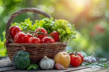 basket with fresh vegetables on wooden table outdoors, harvest