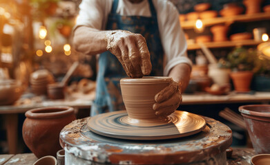 A pottery workshop in action. Pottery and ceramics workshop with a focus on a potter’s hands molding a clay vessel on a spinning wheel.