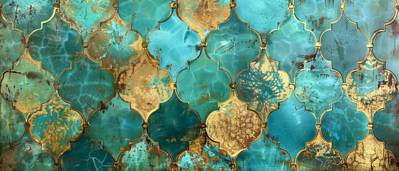 Stunning Moroccan tile print featuring intricate geometric patterns in shades of turquoise and gold.