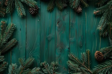 Festive Holiday Pinecones and Evergreen Branches on Rustic Wooden Background