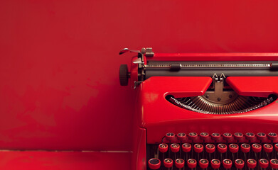 Red vintage typewriter set against a red wall. Focus on the details of the typewriter keys and the machinery