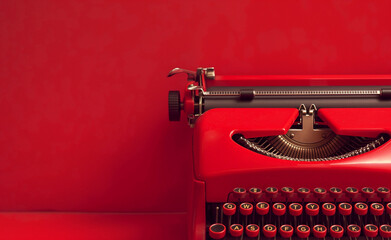 Red vintage typewriter set against a red wall. Focus on the details of the typewriter keys and the machinery
