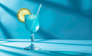 Alass of a vivid blue cocktail, such as a Blue Lagoon, placed against a matching blue backdrop. 