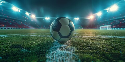 Classic white soccer ball on fooball pitch in stadium at night, sports background panorama - Powered by Adobe