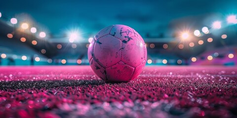 Pink soccer ball on fooball pitch in stadium at night, sports background panorama
