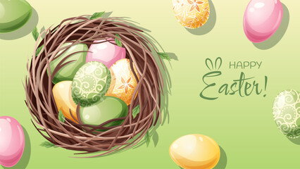 Easter poster and banner template with Easter eggs in a nest on a green background. Spring illustration. Congratulations and gifts for Easter in cartoon style.