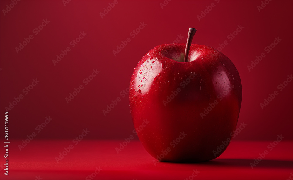 Poster glossy red apple placed on a smooth red surface.