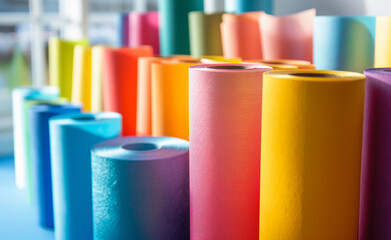 Vibrant Paper Rolls in Art Studio: A Rainbow of Creativity