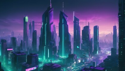 A futuristic cyberpunk cityscape with towering sky