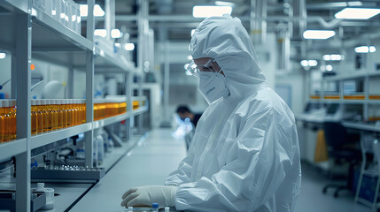 Obraz premium Lab technician in white protective overalls AI