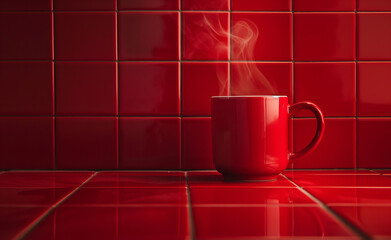 Red Mug on Ceramic Tile Red Background
