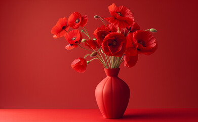 Bouquet of bright red poppies in a red ceramic vase, and photograph it against a matching red background.