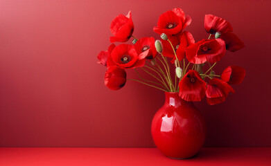 Bouquet of bright red poppies in a red ceramic vase, and photograph it against a matching red background.