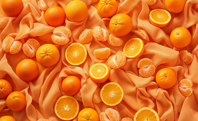 Bright orange fruit, like a tangerine, with a peeled section, placed on a matte orange surface.