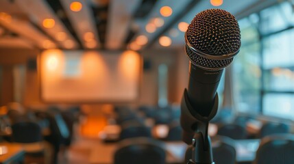 Speaking concept highlighted by a close-up of a microphone in hand, blurred background of an occupied seminar room, studio-lit for clarity