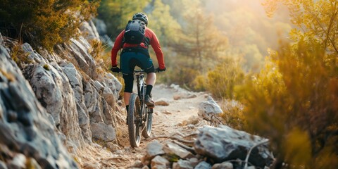 An adventurous mountain biker rides a rocky trail amidst lush greenery as the golden sunset illuminates the scene - Powered by Adobe