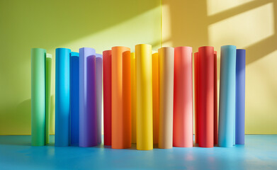 Vibrant Paper Rolls in Art Studio: A Rainbow of Creativity