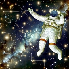 astronaut floating amidst the constellations, fantasy, illustration, space exploration, stars, background, wallpaper, universe, dreamlike, planet