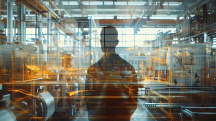 A factory worker overlaid with machinery and production lines, symbolizing the integral role of human labor in industrial manufacturing