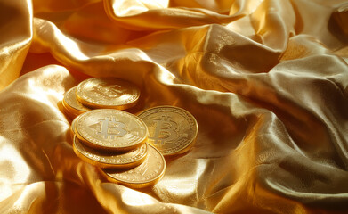 Luxurious Display of Gold Coins on Satin Cloth