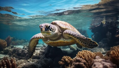 A sea turtle of various species gracefully swims through the ocean