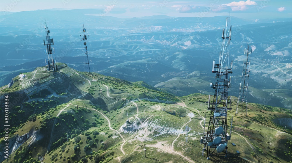 Poster an aerial view of a network of signal towers dotting the landscape, providing coverage and connectiv