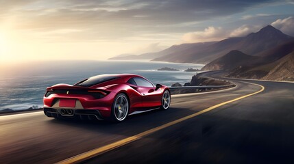 Red sports car driving on the road at sunset. 3d rendering
