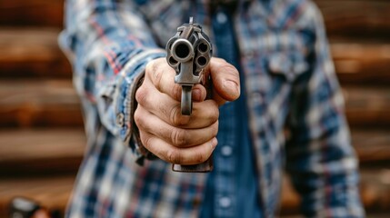   A man, clad in a flannel shirt, wields a gun with his right hand, aiming it at the camera