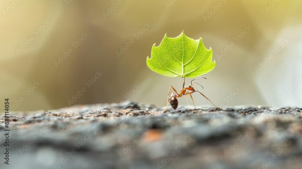 Poster An ant carrying a leaf fragment many times its size, showcasing the remarkable strength and determination of these tiny insects.