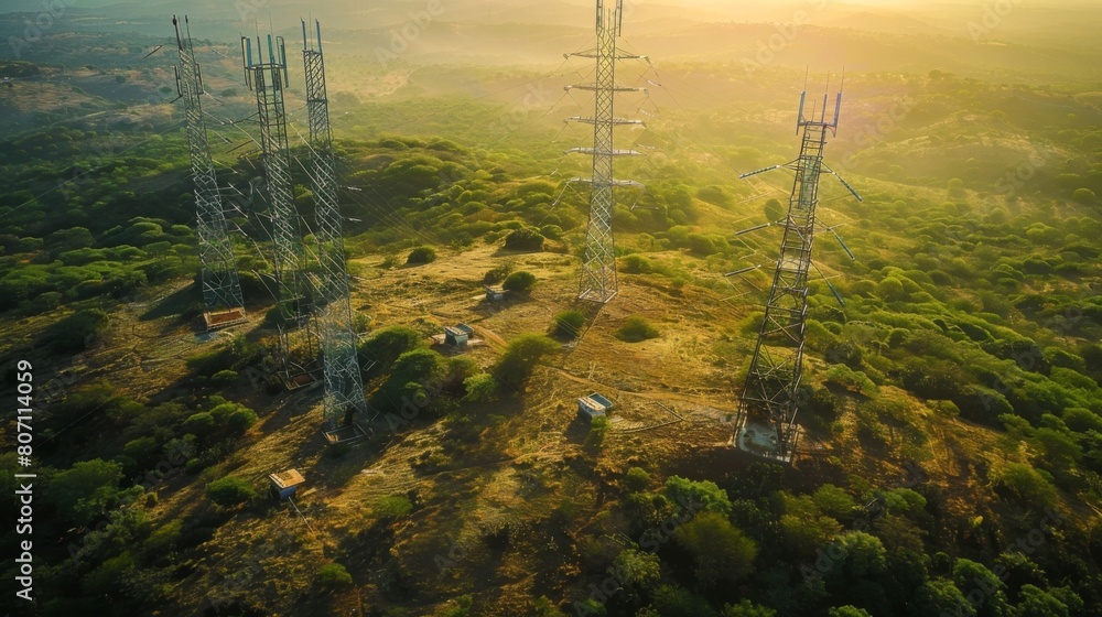 Poster an aerial view of a network of signal towers dotting the landscape, providing coverage and connectiv