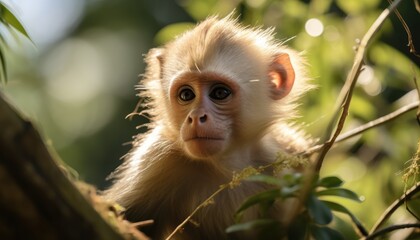 Fototapeta premium A Capuchin monkey perched atop a sturdy tree branch in its natural habitat