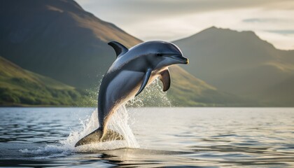 A Bottlenose Dolphin leaping out of the water with majestic mountains in the background