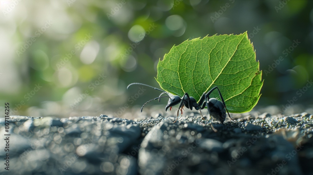 Poster an ant carrying a leaf fragment many times its size, showcasing the remarkable strength and determin