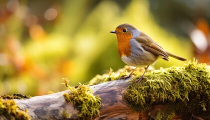 A European Robin bird perches on a tree branch in its natural habitat