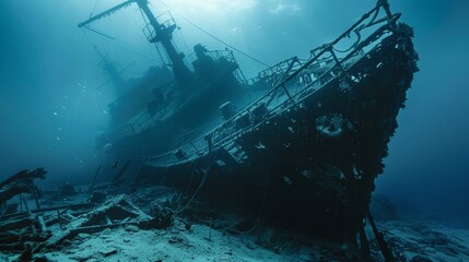 Intimate and detailed portrayal of a shipwreck under the sea, isolated background enhances the mystique and desolation