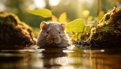 A European Water Vole in the water, making eye contact with the camera