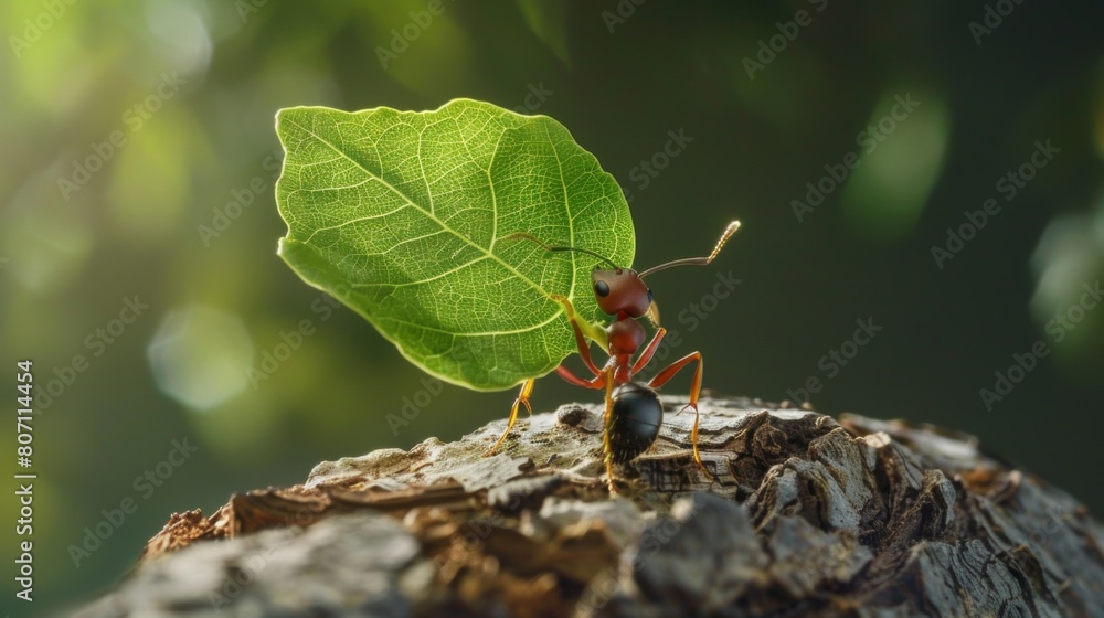 Poster an ant carrying a leaf fragment many times its size, showcasing the remarkable strength and determin