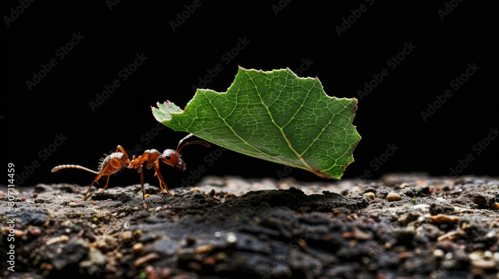 Poster An ant carrying a leaf fragment many times its size, showcasing the remarkable strength and determination of these tiny insects.