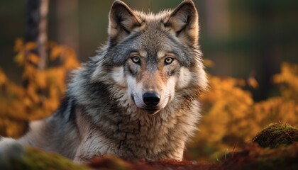 A Grey Wolf is standing in a forest and looking directly at the camera