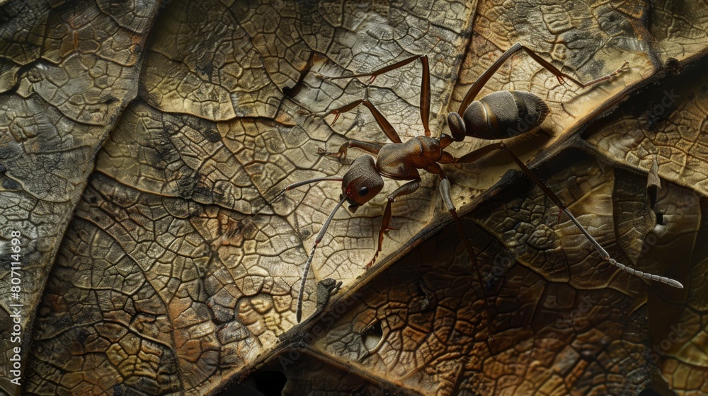 Aufkleber an ant exploring the textured surface of a leaf, its antennae quivering as it searches for food and 