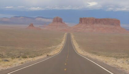 A remote desert road flanked by mesas and buttes - obrazy, fototapety, plakaty