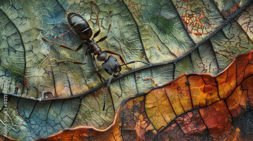 Poster An ant exploring the textured surface of a leaf, its antennae quivering as it searches for food and navigates its environment.